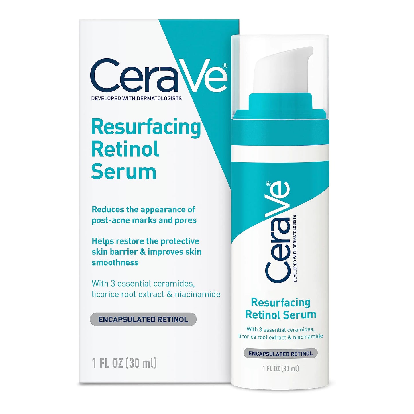 CeraVe Retinol Suero para Marcas Post-Acné y Textura de la Piel | Refinamiento de Poros, Resurfacing, Suero Facial Iluminador con Retinol y Niacinamida | Sin Fragancia, Sin Parabenos y sin Comedogénico | 1 Oz 1 Fl Oz